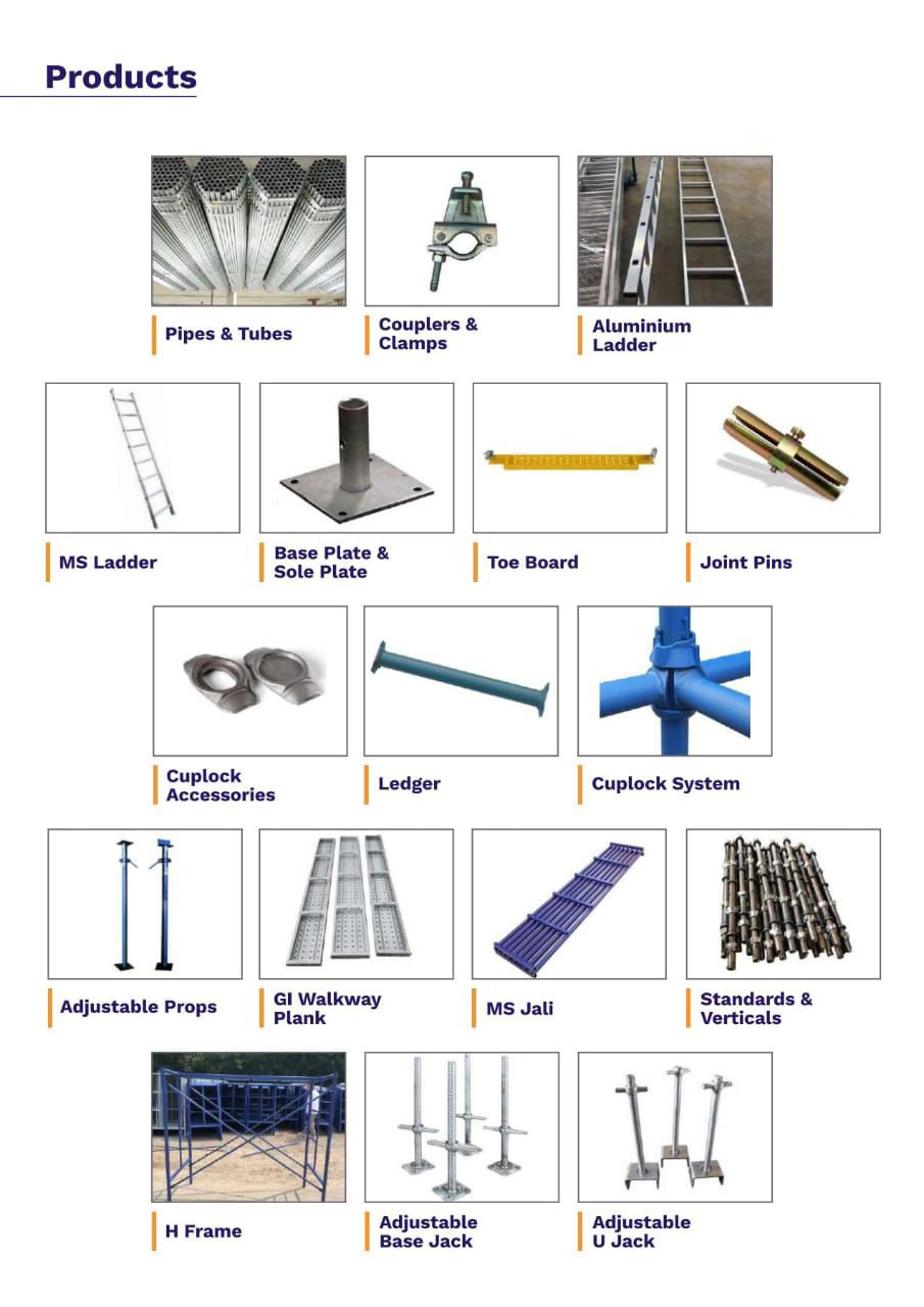 Scaffolding pipes and rental materials at construction site in Mundra, Gujarat